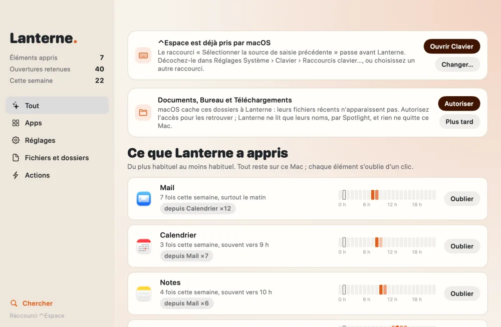Les cartes d'accueil de Lanterne : ⌃Espace déjà pris par macOS, accès à Documents, Bureau et Téléchargements