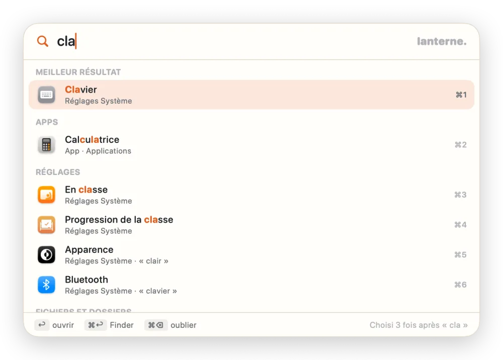 Le panneau de Lanterne après « cla » : Clavier en meilleur résultat, puis Calculatrice et des panneaux des Réglages